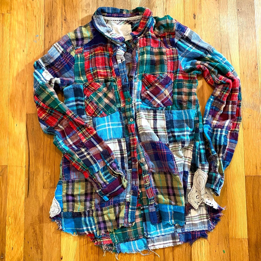 We The Free Lost in Plaid Patchwork Rag Flannel Shirt w/ Crochet Hip Free People